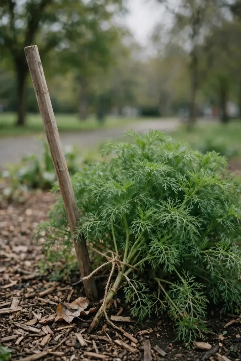 Kochia foliage beside a wooden garden stake in a park