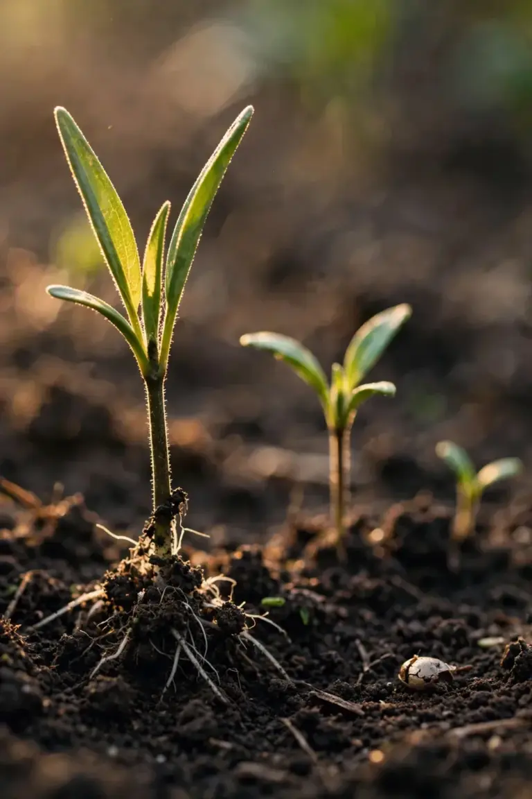 Young kochia seedlings pushing through dark crumbly soil