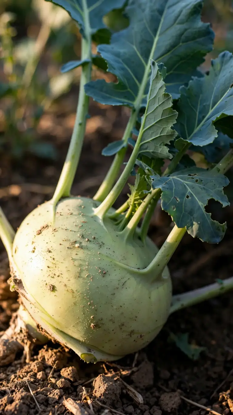 Kohlrabi plant with a swelling pale green bulb at the stem base