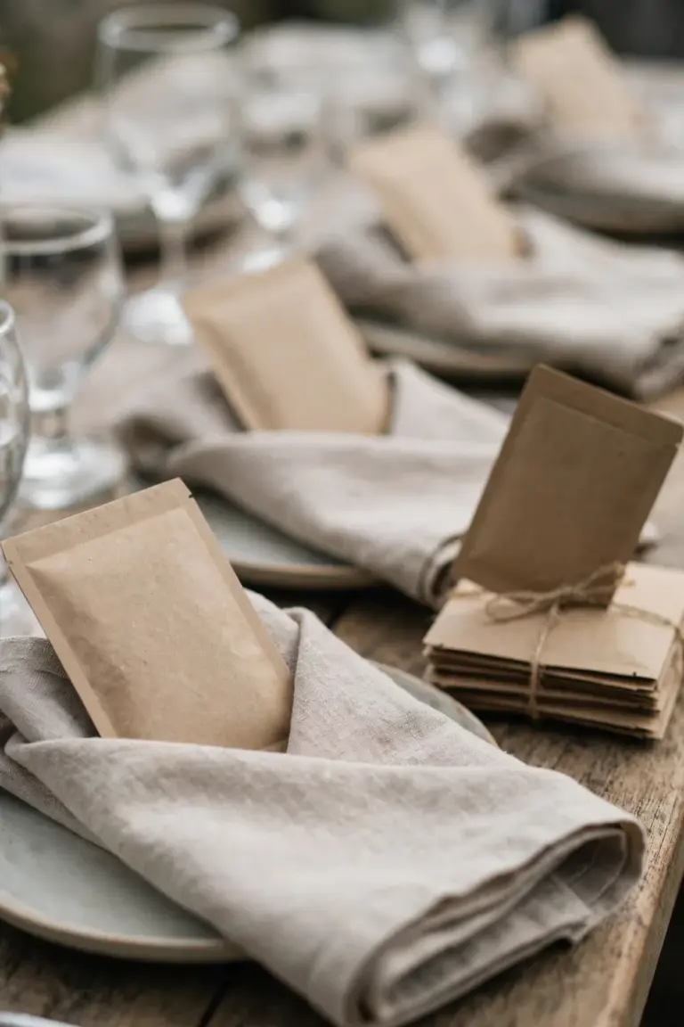 Unprinted kraft seed packets tucked into folded napkins on a set party table