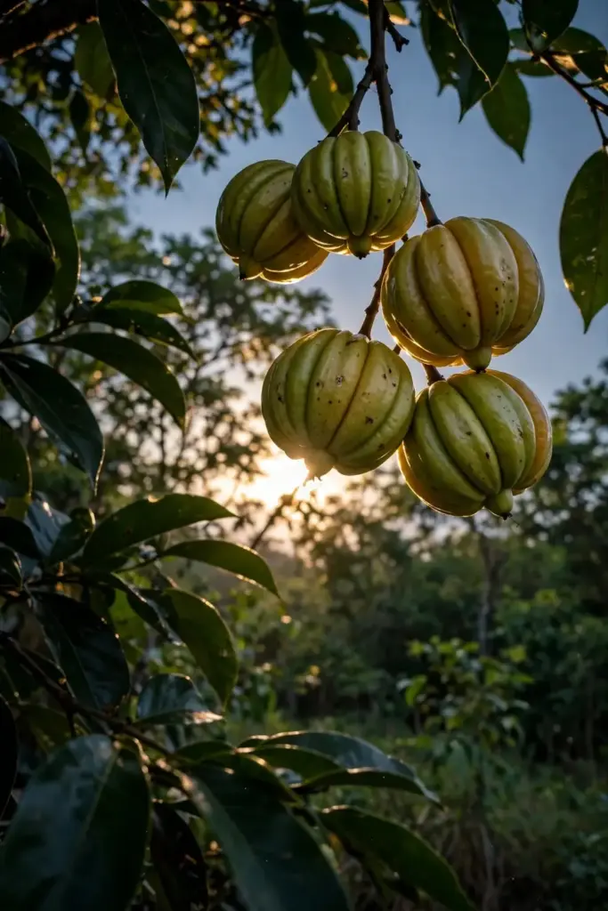 Pumpkin-shaped kudampuli fruits backlit on the branch at dusk