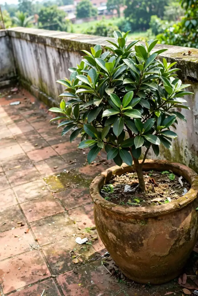 Young kudampuli tree growing in a large terracotta pot on a terrace