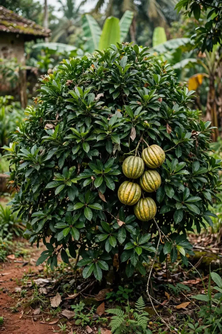 Evergreen kudampuli tree with pumpkin-like fruits in a Kerala homestead garden