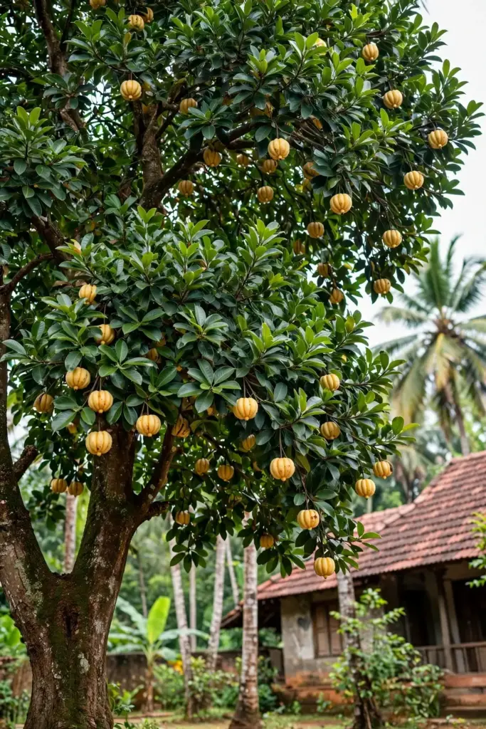 Mature kudampuli tree with dense canopy in a Kerala homestead