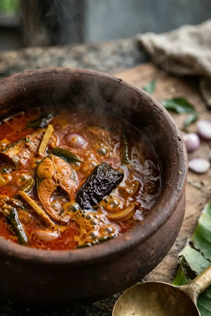 Kerala fish curry simmering with a piece of black kudampuli rind