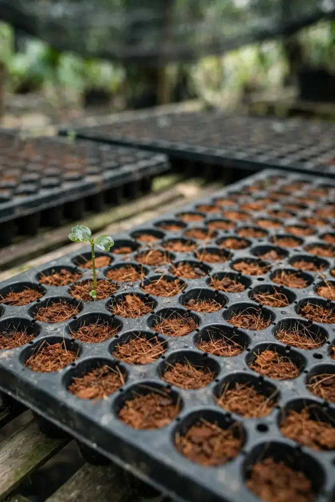 Root trainers with one emerging kudampuli seedling among unsprouted cells