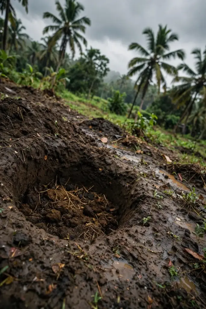 Fresh planting pit with compost during the Kerala monsoon
