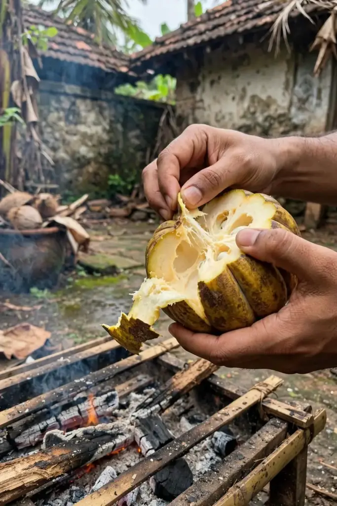 Hands separating the rind from a cut kudampuli fruit over a smoking rack
