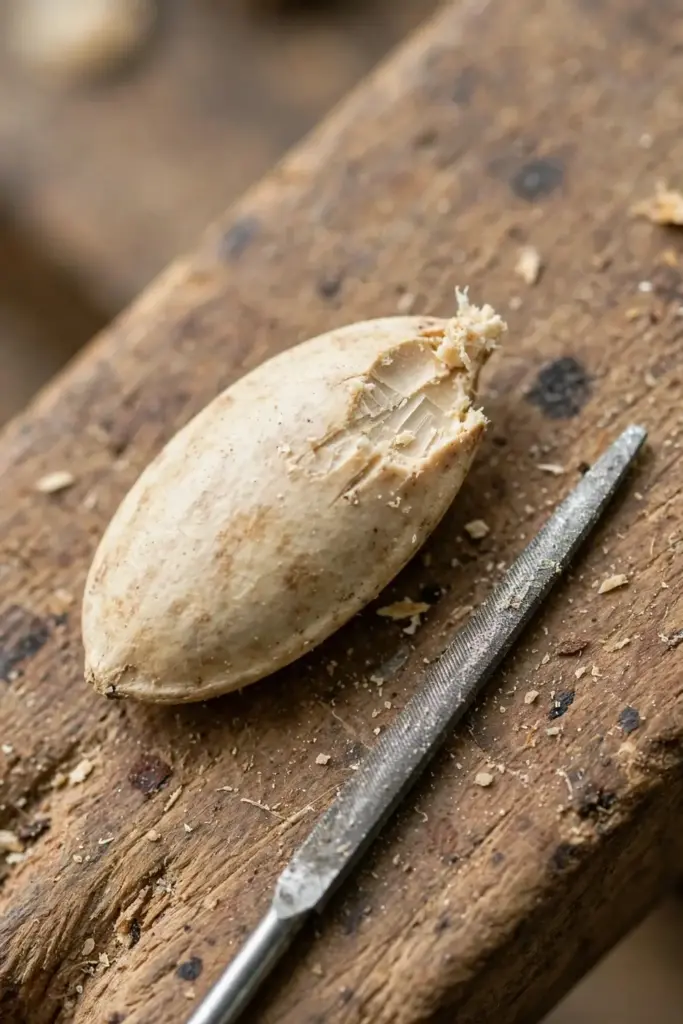 Kudampuli seed nicked with a metal file on a cutting board