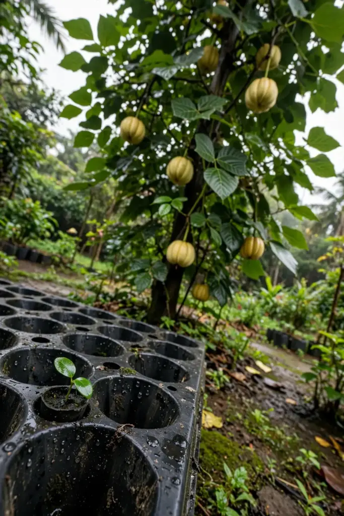 Tiny kudampuli seedling in a root trainer beside a tall fruiting grafted tree