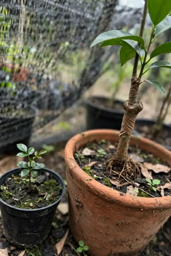 Small kudampuli seedling beside a larger grafted sapling in nursery pots
