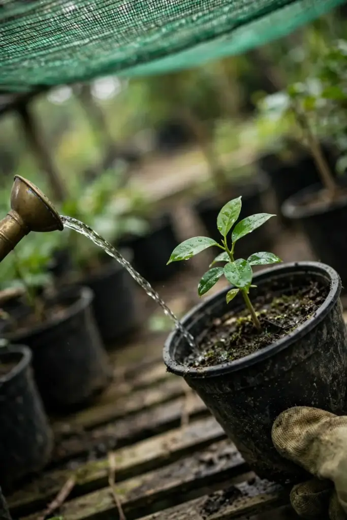 Watering a young kudampuli seedling with a brass can in a shaded nursery