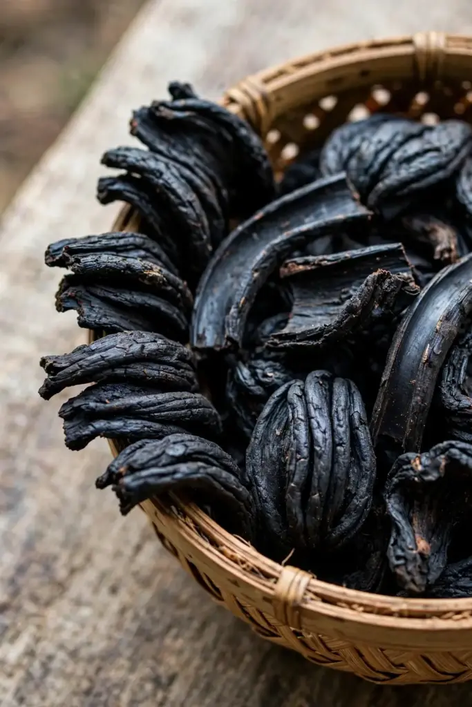 Close-up of smoked black kudampuli rind pieces in a woven basket