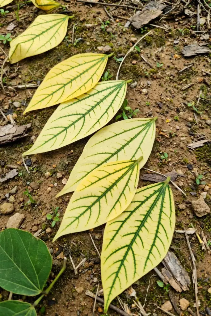 Yellowing kudampuli leaves with green veins showing iron chlorosis