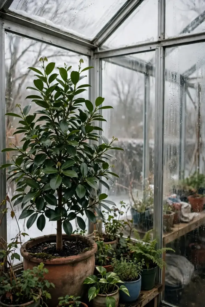 Potted kudampuli tree sheltering inside a bright home greenhouse in winter