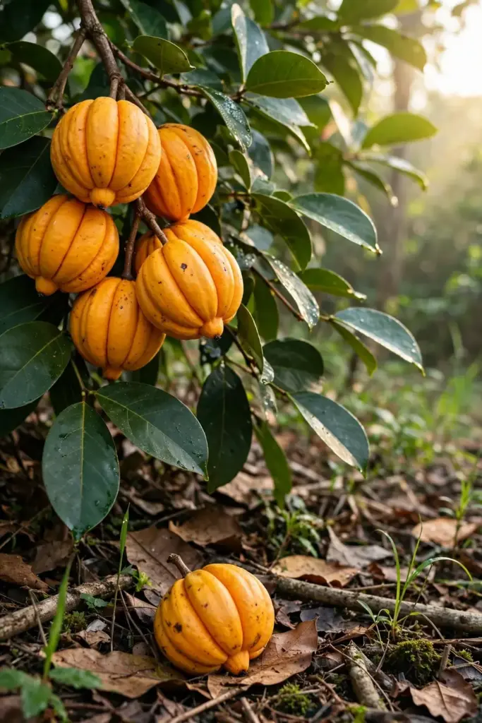 Ripe orange-yellow kudampuli fruits hanging on the tree at harvest time