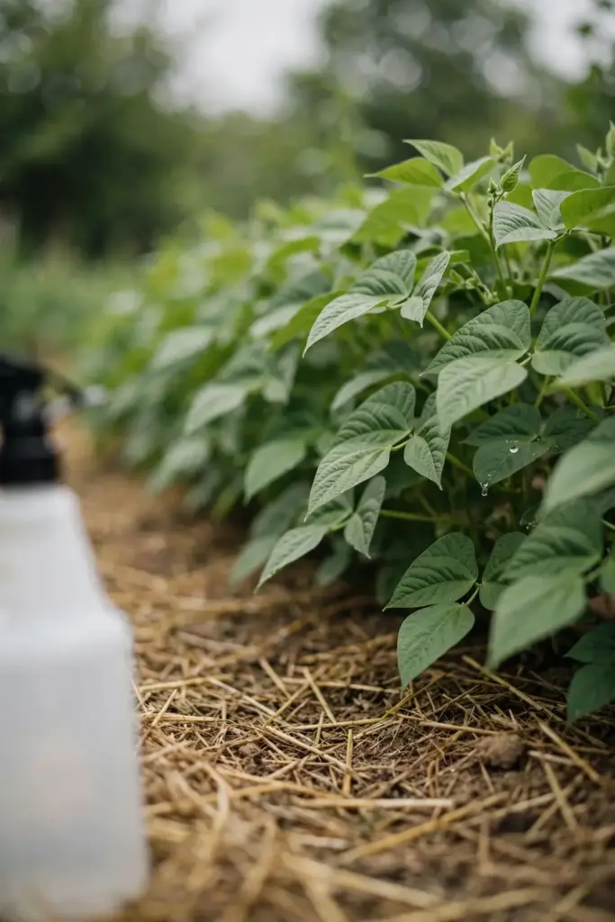 Blank spray bottle beside a bean row with healthy canopy after stripping blight.