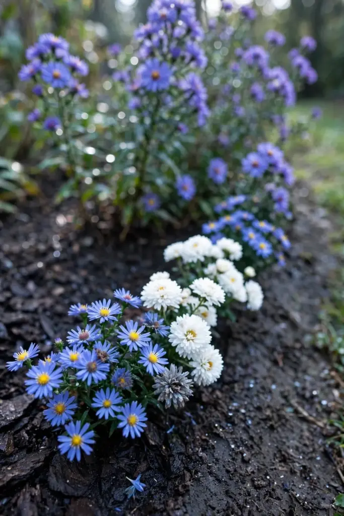 Lady in Blue aster with Snow Cushion edging a border front