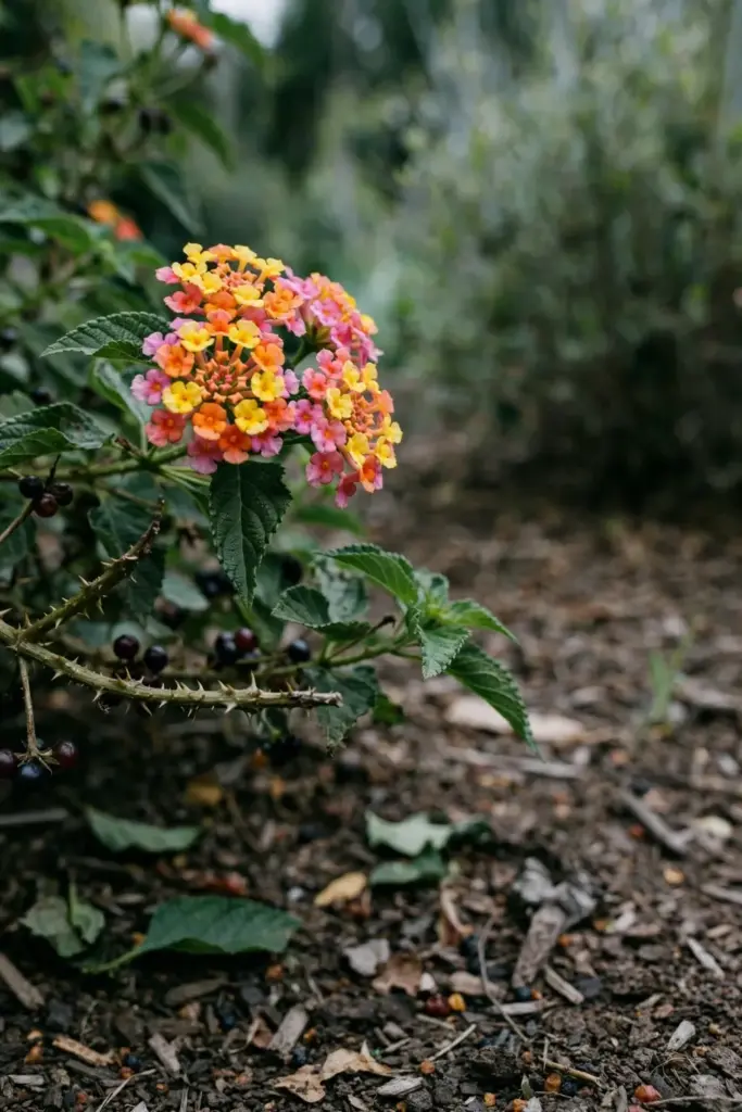 Lantana shrub with mixed-color flower clusters, prickly stems, and dark berries