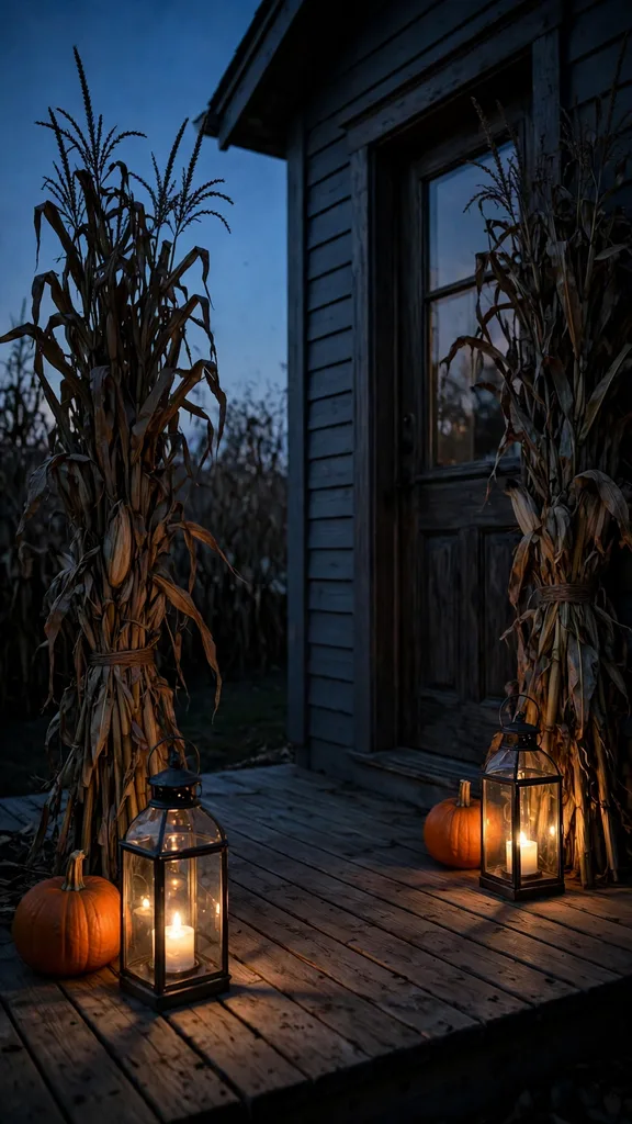 Front entry at dusk with lanterns glowing at the base of corn stalk bundles