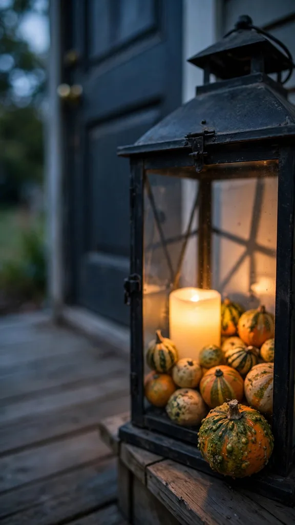 Black lantern filled with mini gourds around a flameless LED candle