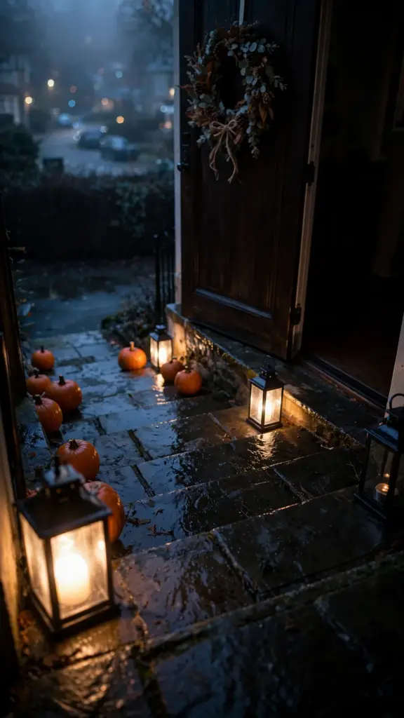 Full entryway at dusk with lanterns glowing in the dark corners