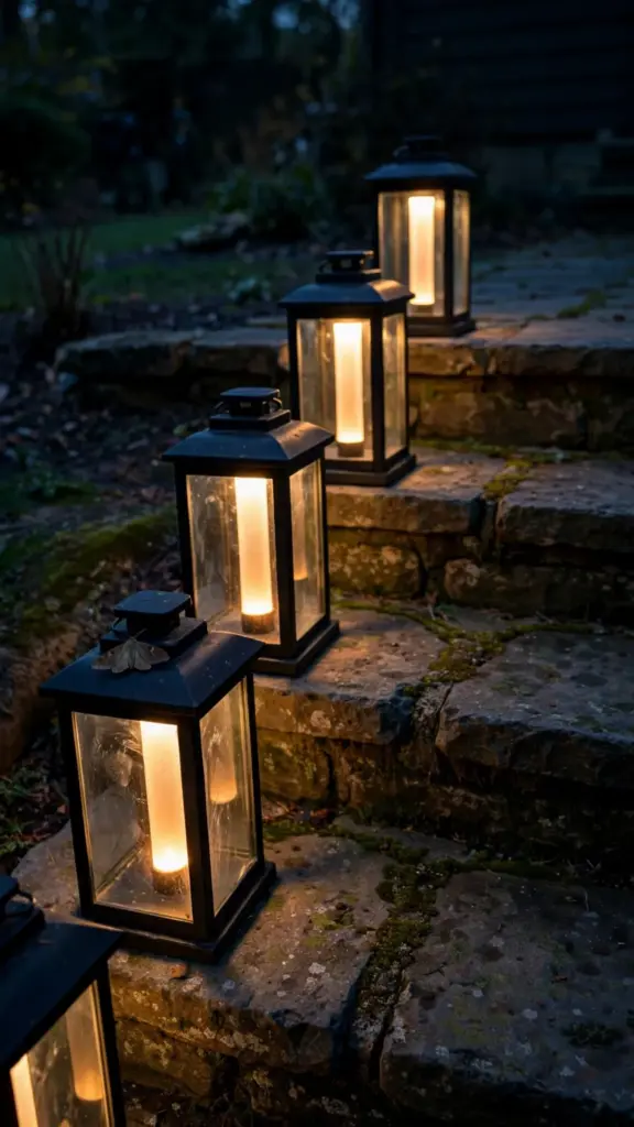 Row of glowing lanterns along a porch stair edge at dusk