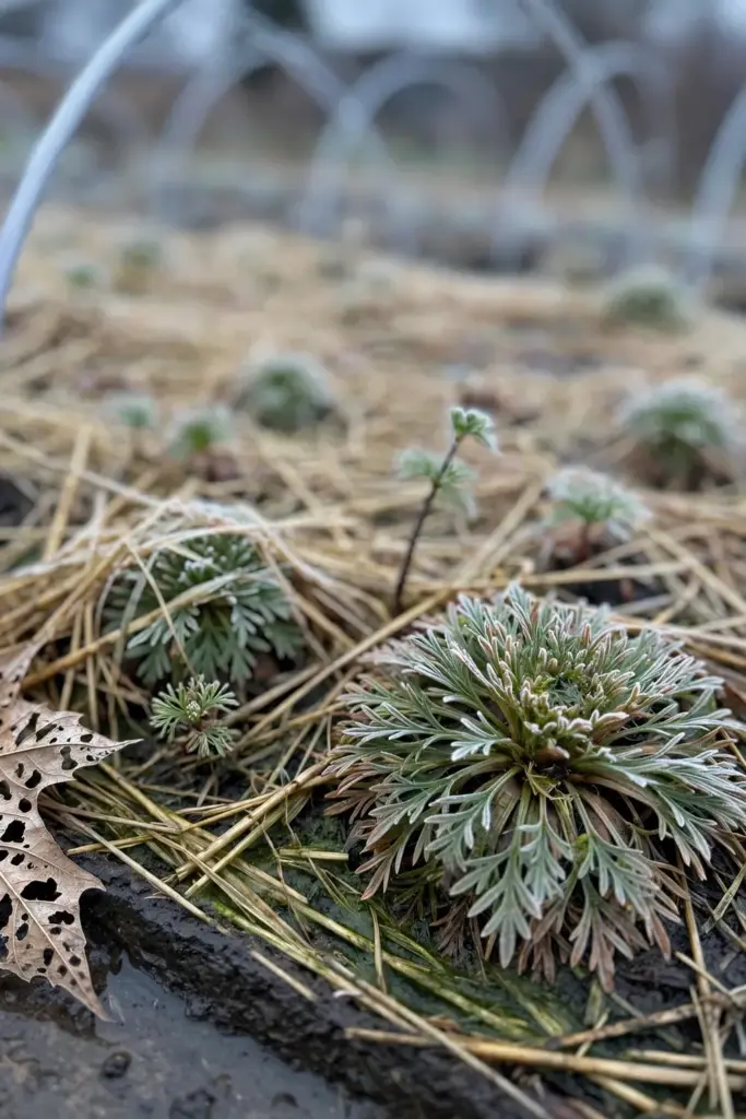 Larkspur seedling rosettes overwintering in a mulched bed