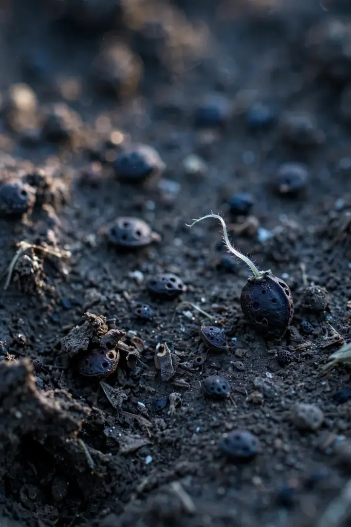 Larkspur seed on the soil surface with a thread-thin sprout
