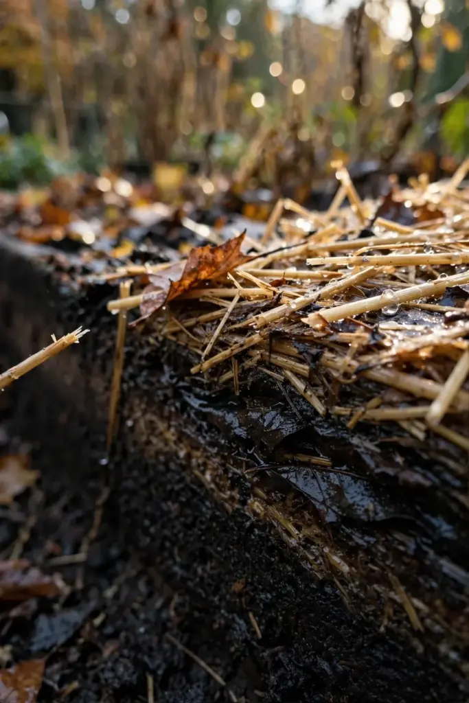 Wet layered edge of a lasagna bed, soaked leaves compost and straw
