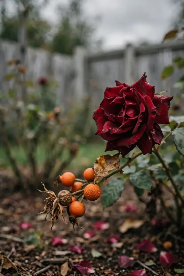 Deep red roses in full late bloom on a bush with round orange hips forming below