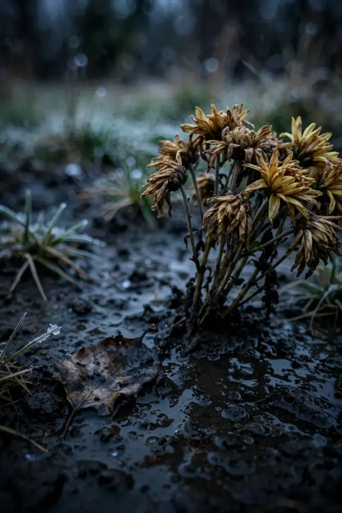 Wet dark soil around a mum base on a cold gray late-fall morning