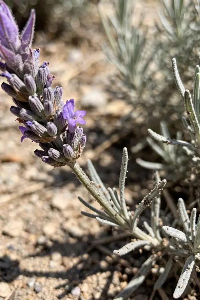 Lavender buds on a gray stem with silvery foliage behind