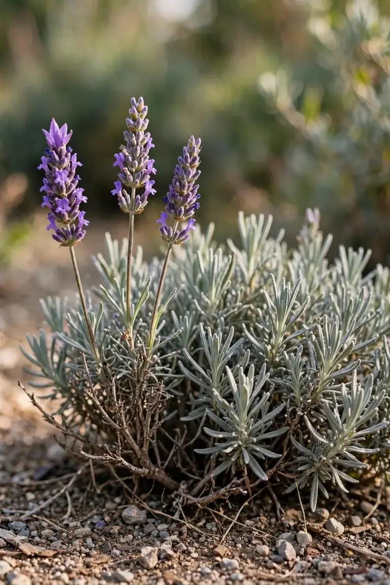 Lavender purple flower spikes above gray narrow leaves