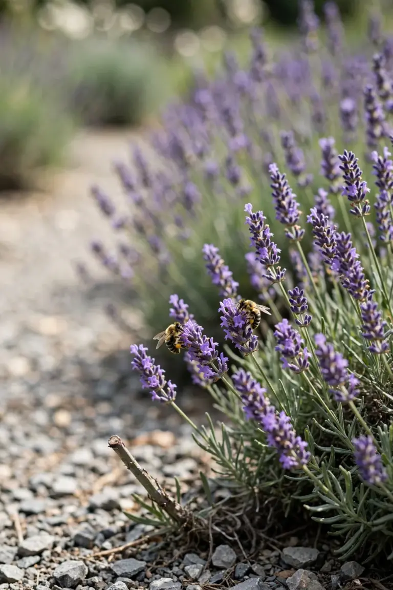 A row of lavender in full purple bloom along a herb bed with bees working the flowers