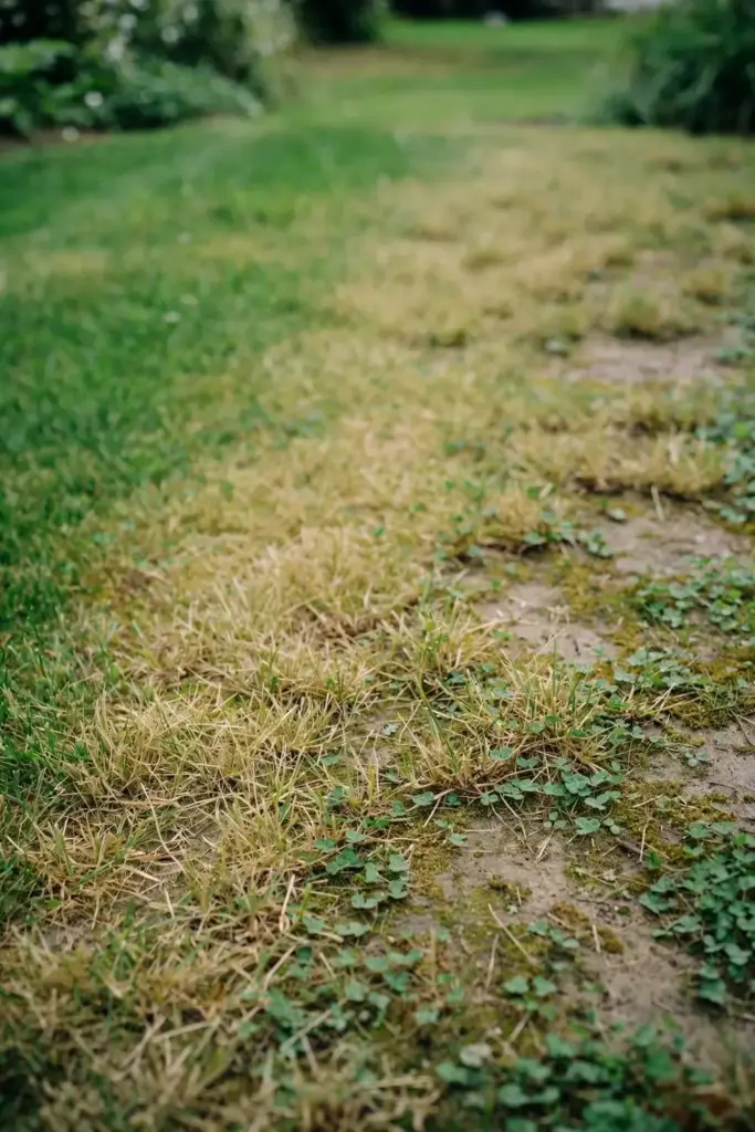 Patchy lawn with a plain soil sample bag resting beside a thinning patch.