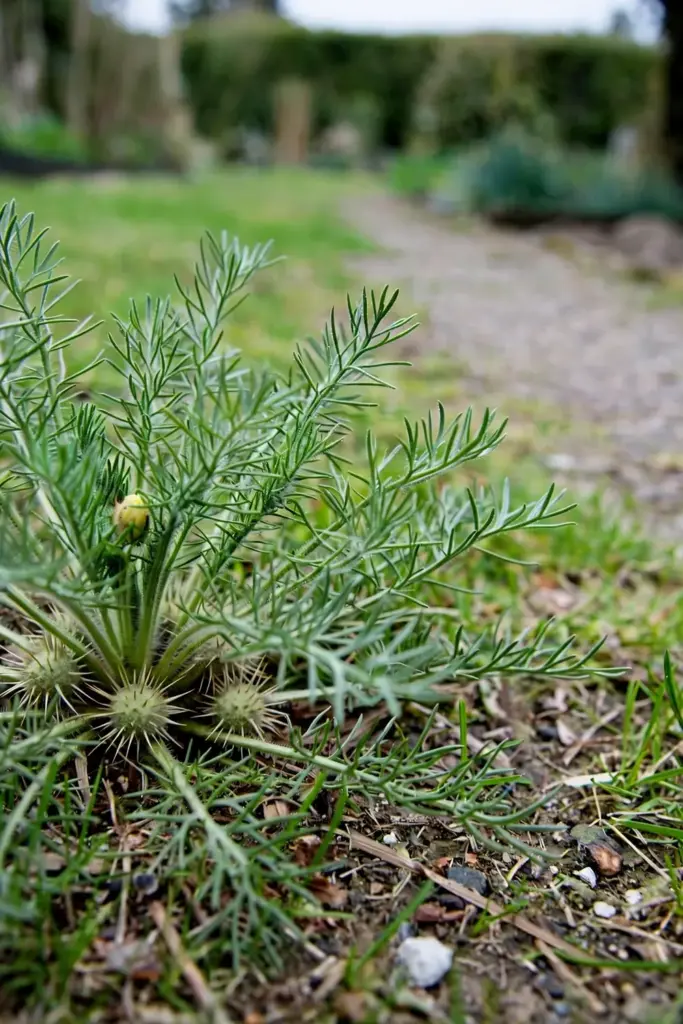 Lawn bindii flat rosette with feathery leaves and prickly seed burrs in grass