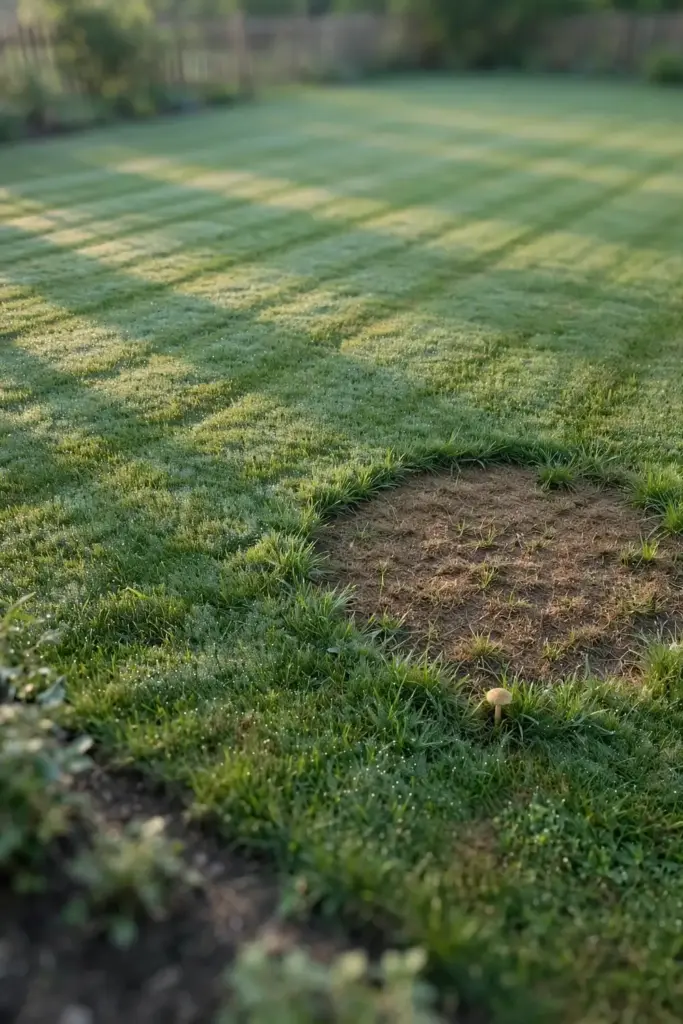 Lawn with fading brown patch ring in soft early morning light.