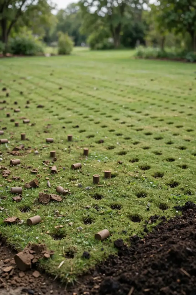 Freshly core-aerated lawn covered with small soil plugs and aeration holes.