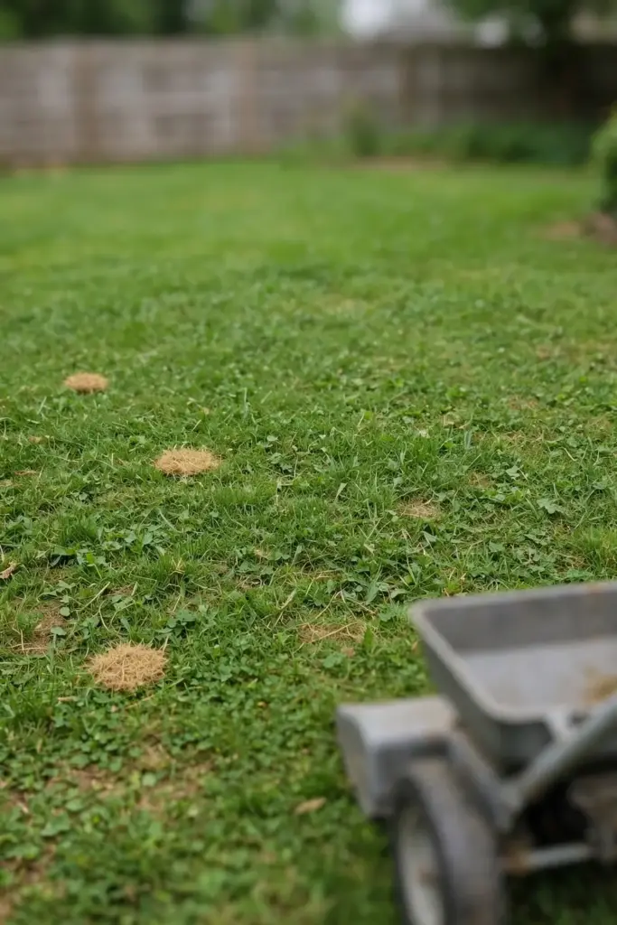 Lawn with three small dollar spot patches and a fertilizer spreader at the edge.