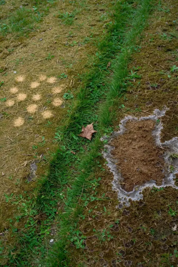 Small dollar spot circles beside one large brown patch with a gray-white ring.