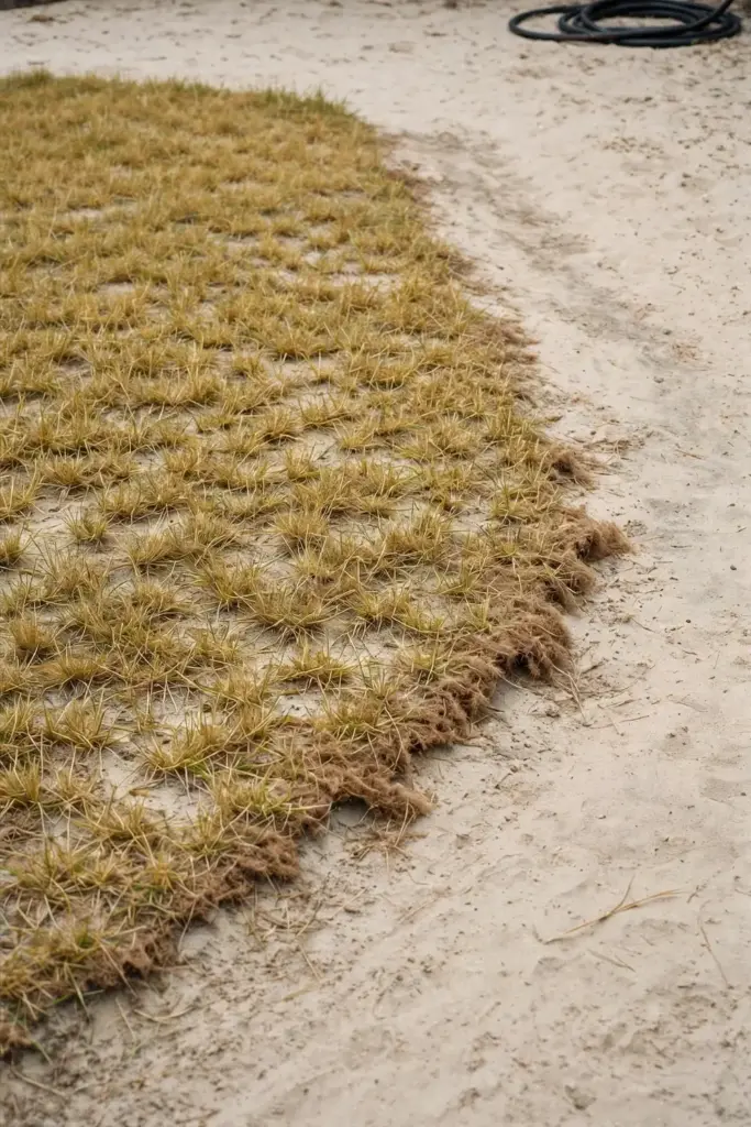 Dry stressed lawn with bare sandy patches baking in midday heat.