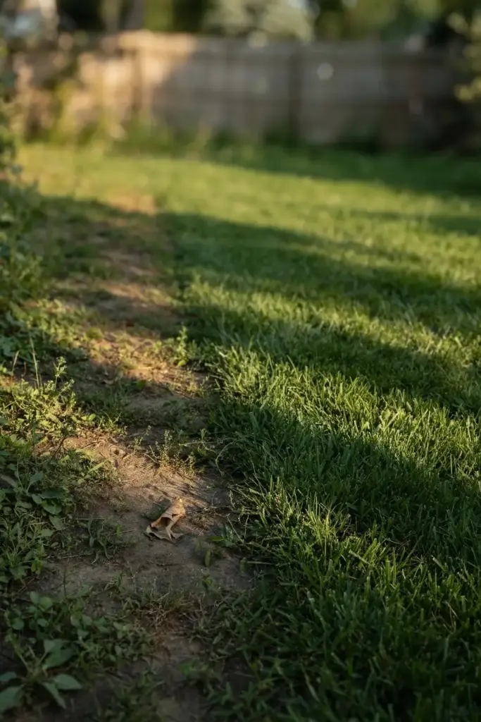 Lawn with one grass strip thinned to bare soil beside a dense green strip.