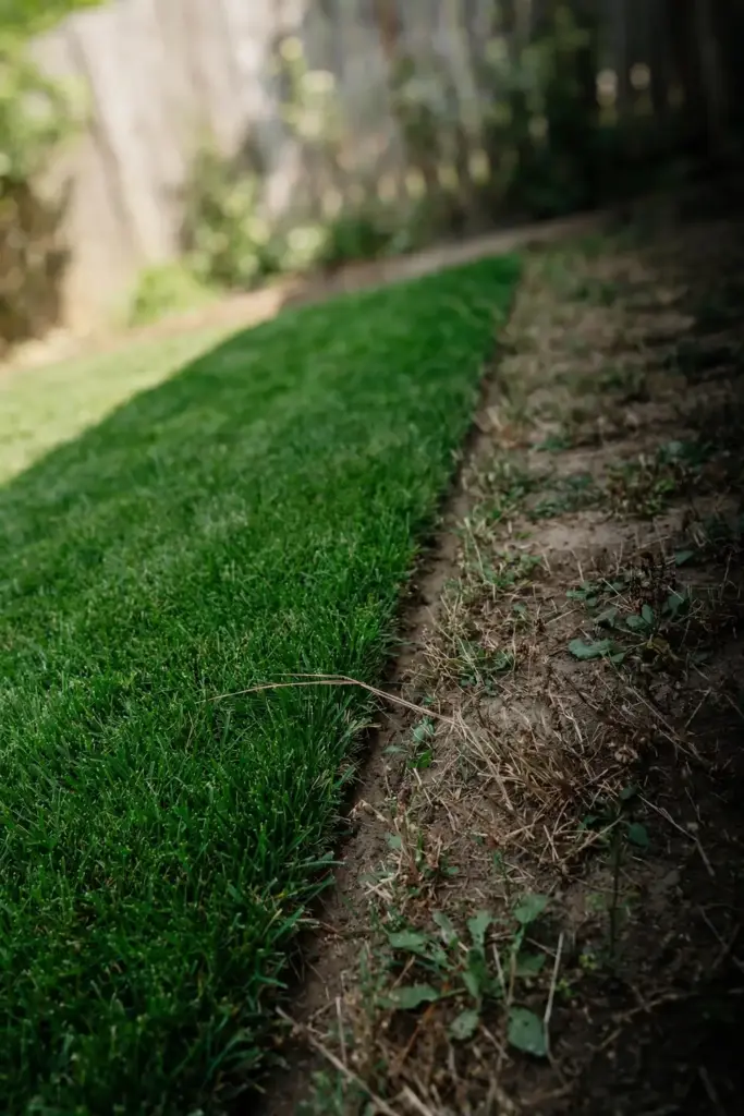 Dense green lawn strip beside a thinned strip with bare soil and weeds.
