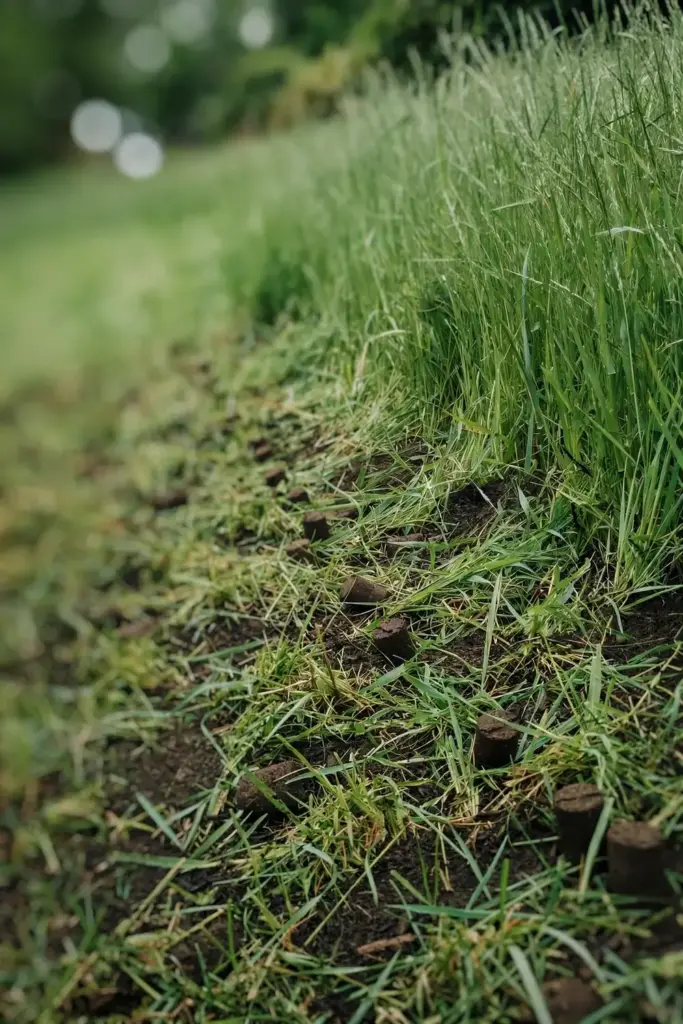 High-cut lawn with soil plugs scattered after core aeration and compost topdressing.