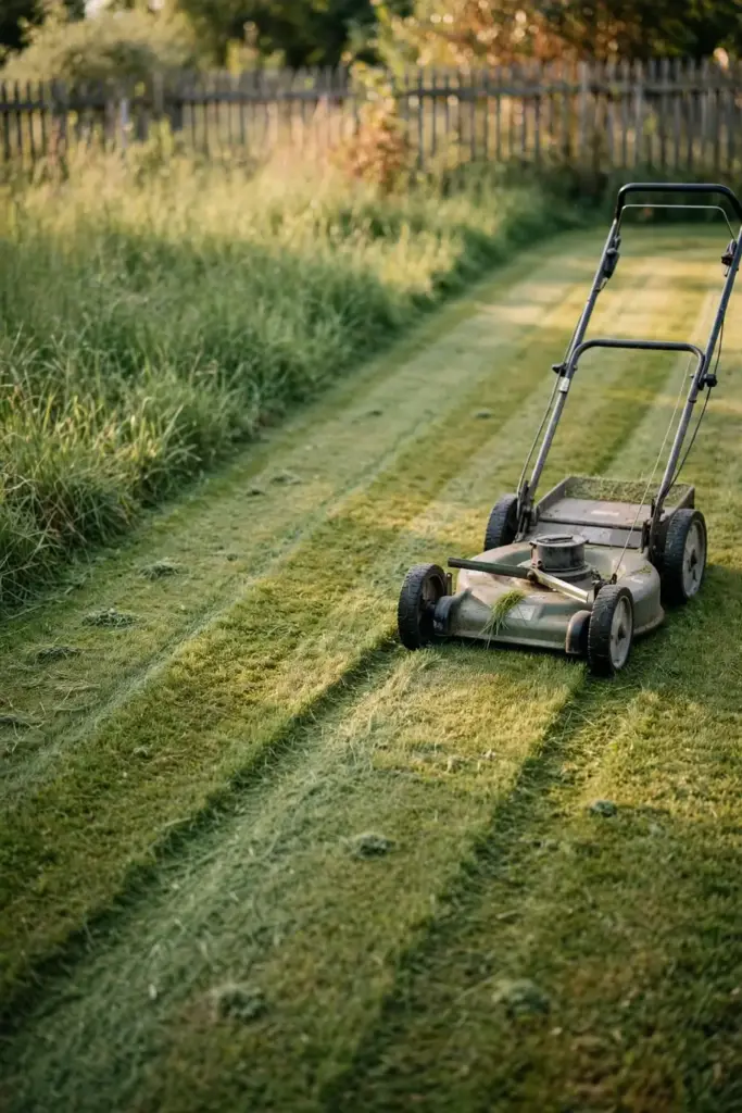 Push mower on a high-cut lawn with fresh mowing stripes in thick grass.