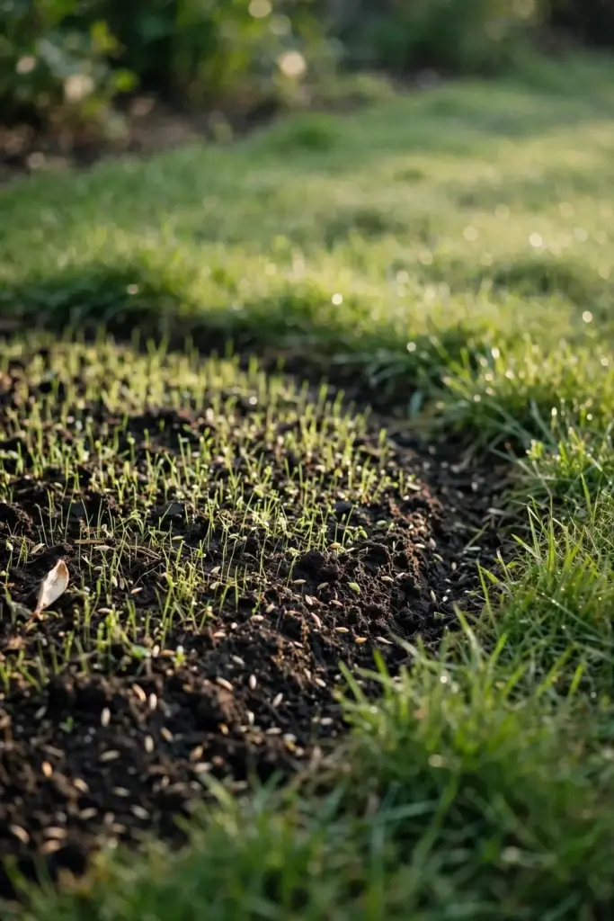 Young grass seedlings pushing through compost topdressing on a repaired patch.