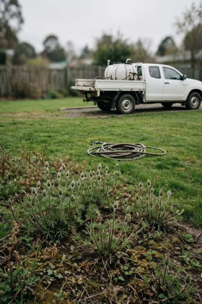 Turf contractor kneeling to inspect a weed patch on a Couch lawn