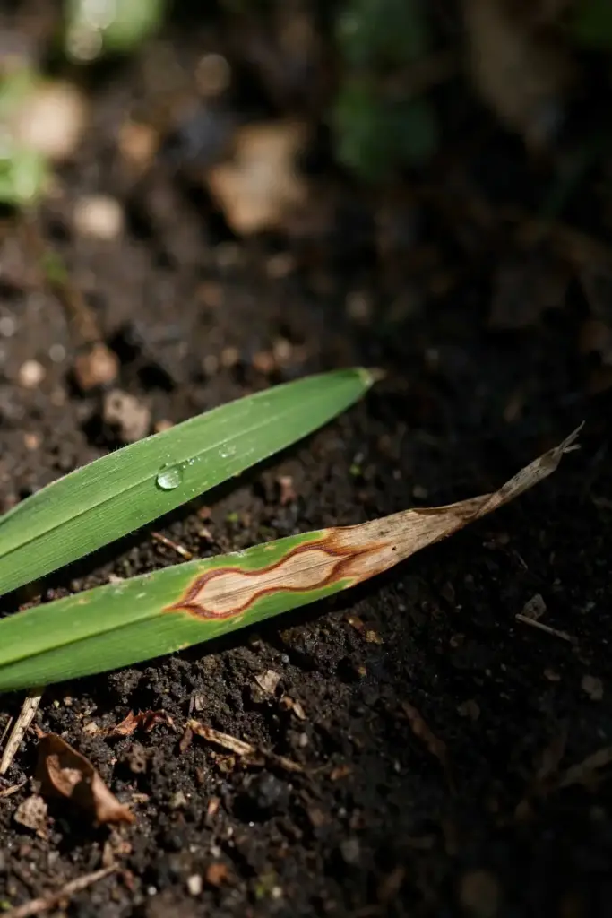 Healthy green grass blade beside a diseased blade with an hourglass lesion.
