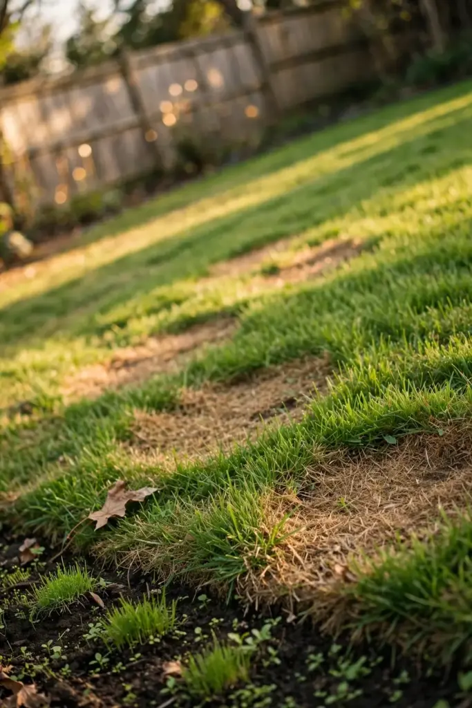 Lawn with straw-colored patches filling in with bright green new blades.